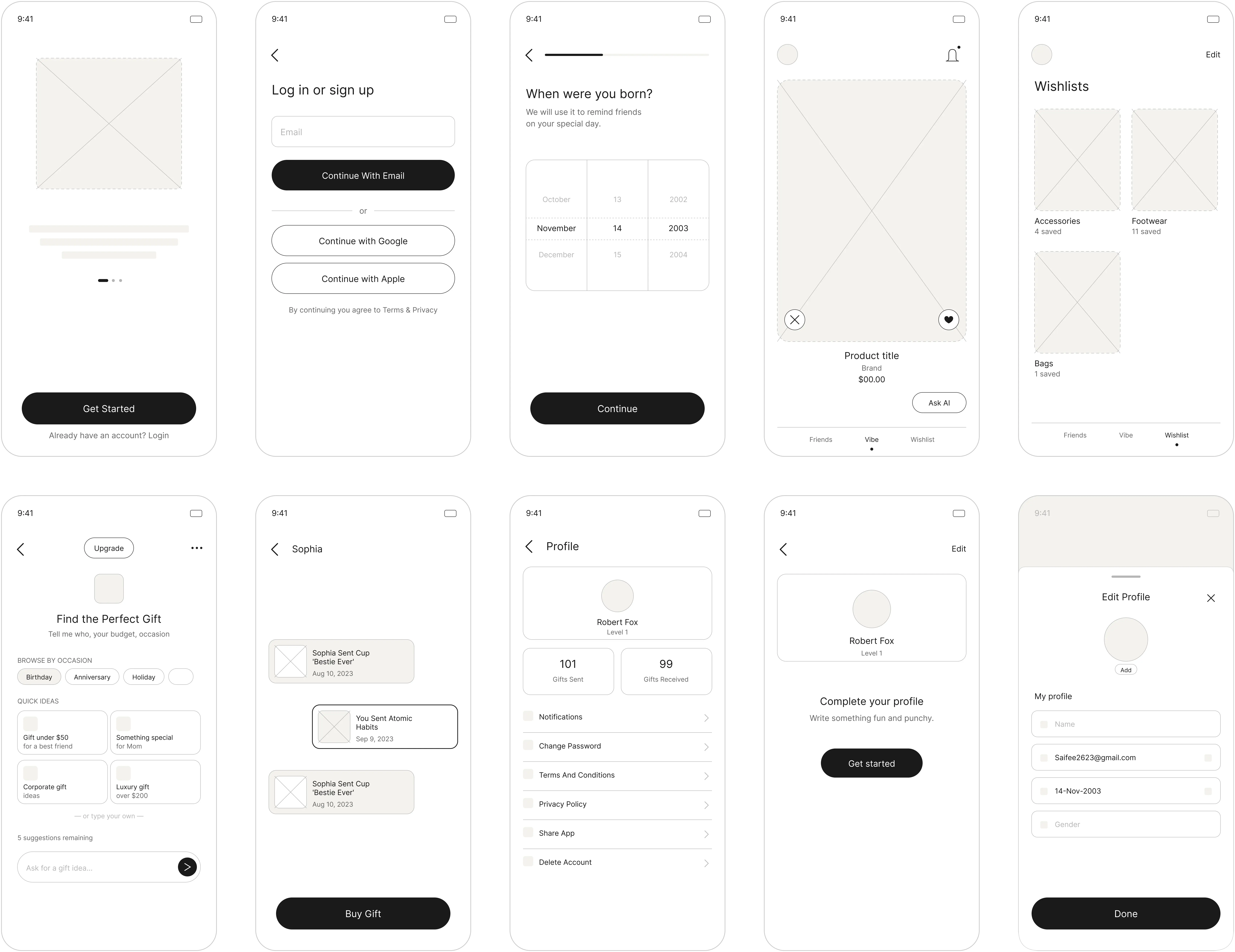 Giftlo Wireframes
