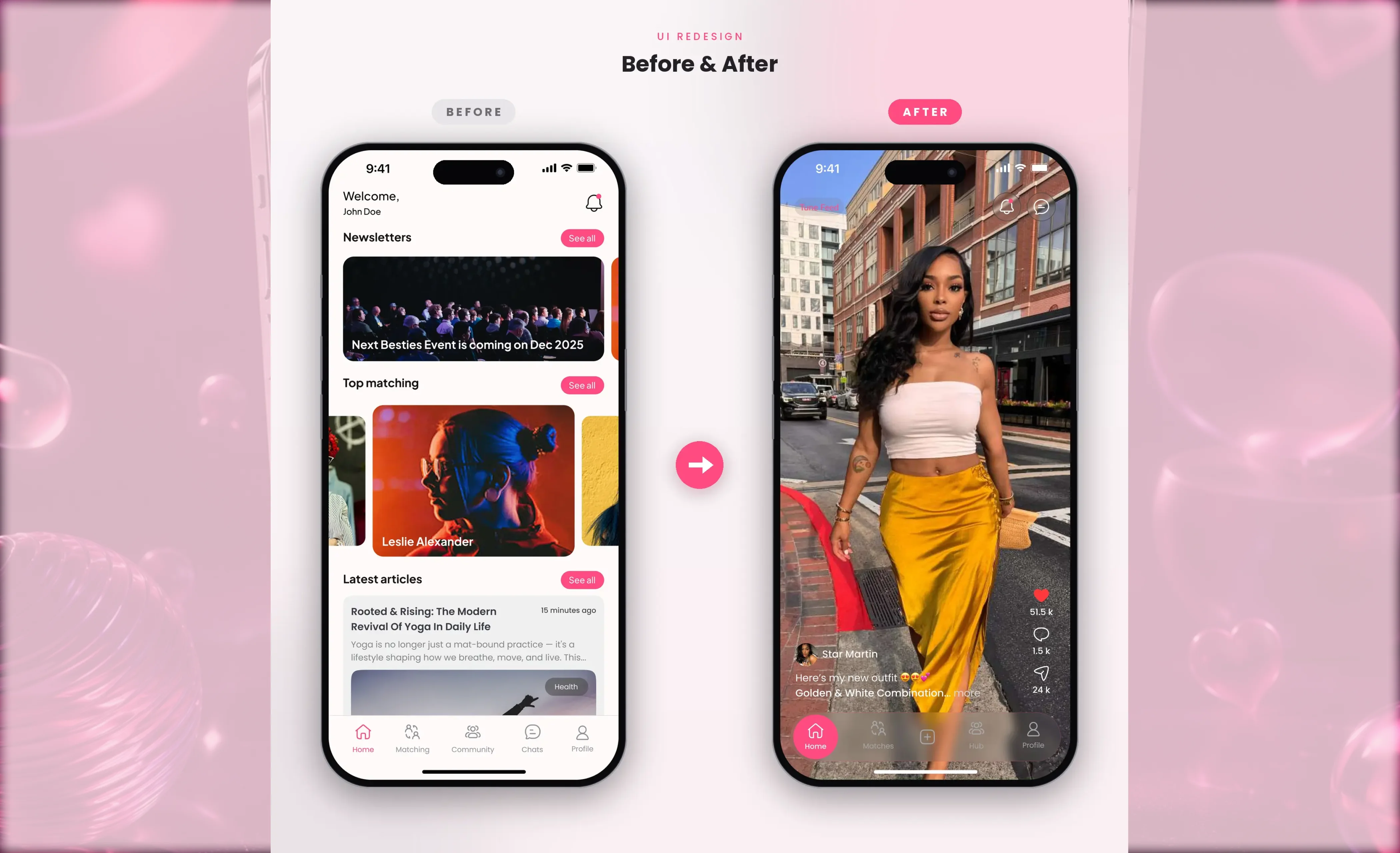 NextBestie Before & After UI Comparison